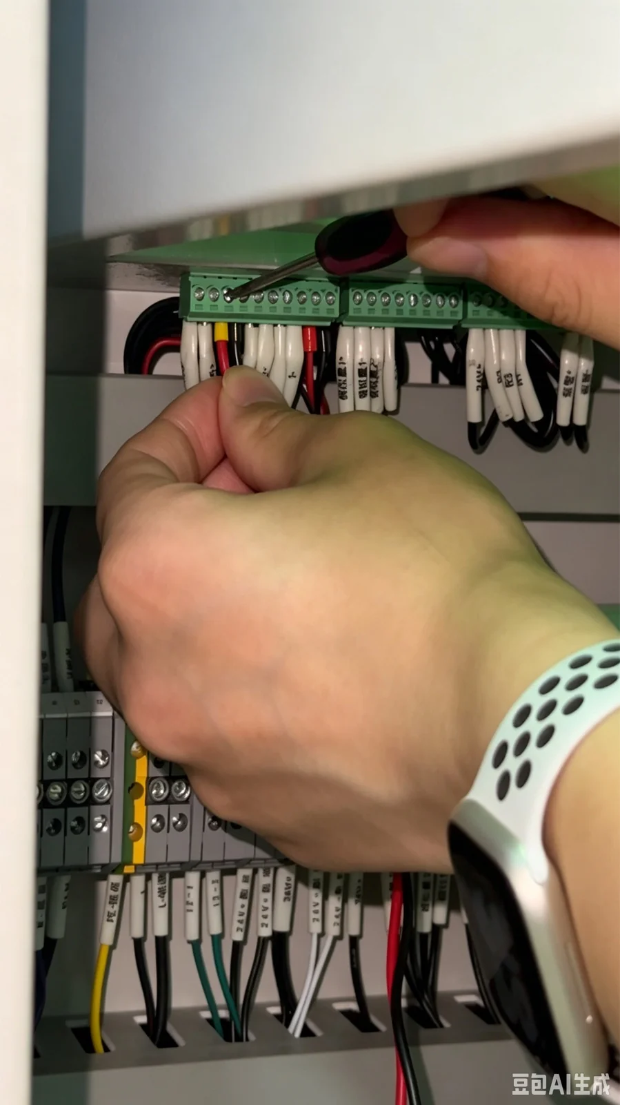 Technician securing labeled wires at a cabinet terminal block