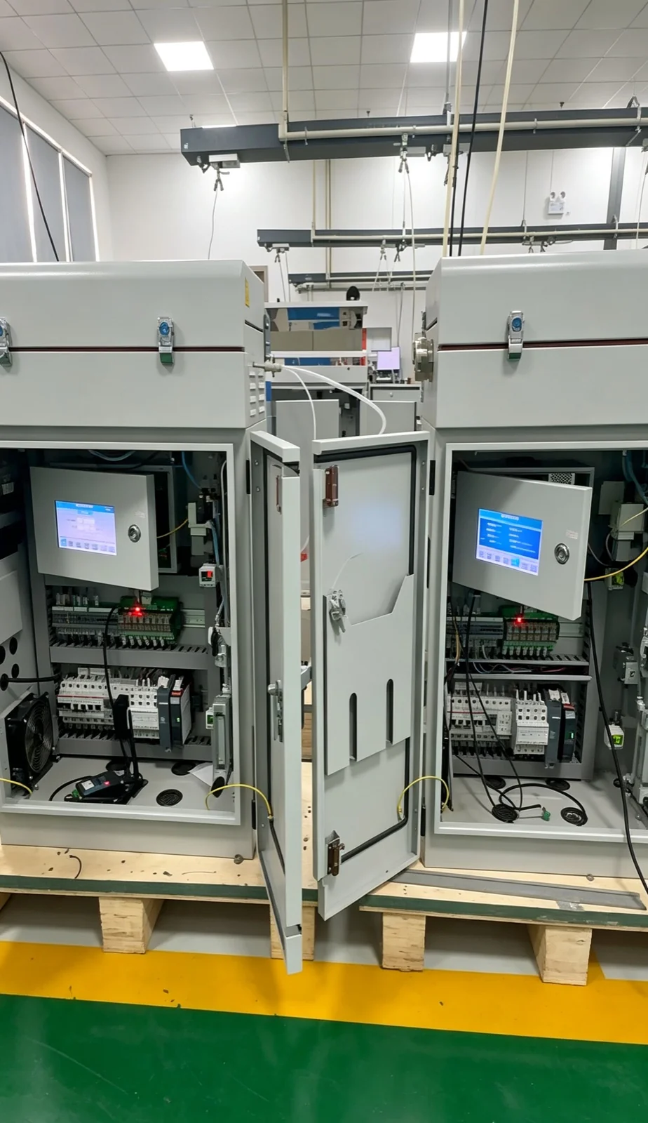 Two assembled analyzer cabinets with their doors open