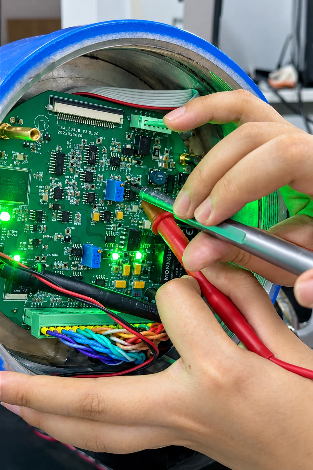 Technician testing an analyzer circuit board with probes